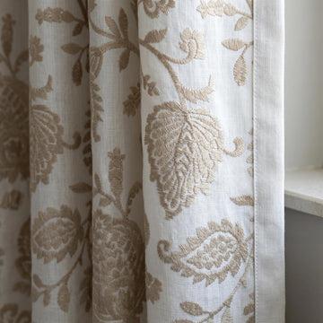 Pure White Linen Embroidered Curtains, Beige Floral Vine Drapes, Heavy Custom Window Panels, Blackout or Cotton Liner — image 1