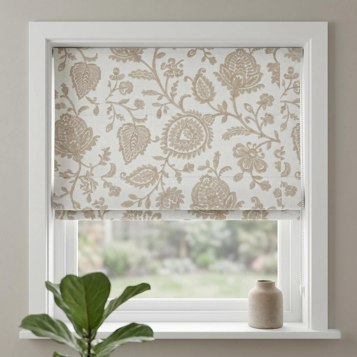White Linen Roman Shade, Beige Floral Paisley Embroidered Corded Blind, Custom Blackout Window Shade — image 6