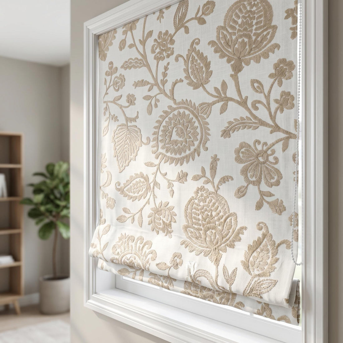 White Linen Roman Shade, Beige Floral Paisley Embroidered Corded Blind, Custom Blackout Window Shade — image 1