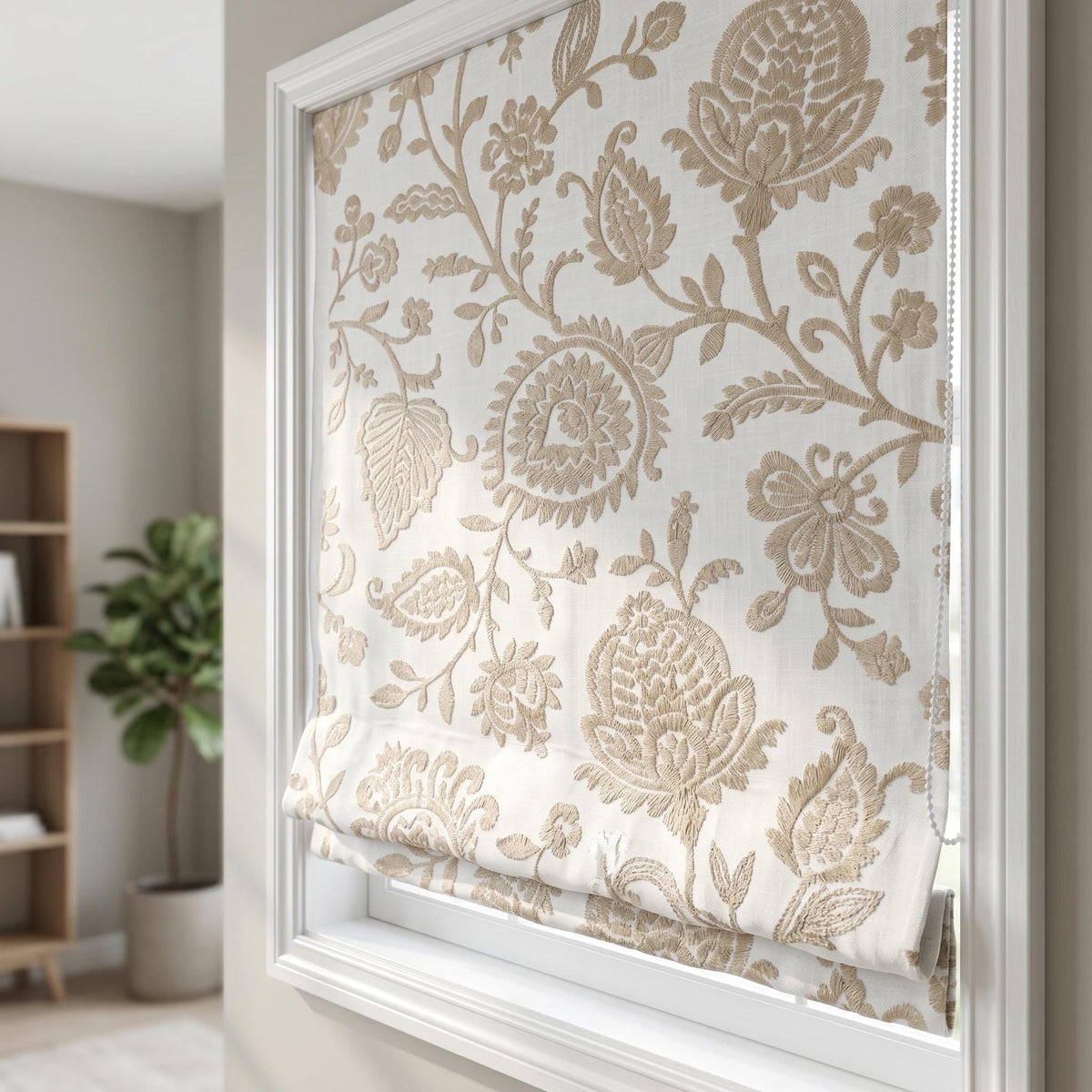 White Linen Roman Shade, Beige Floral Paisley Embroidered Corded Blind, Custom Blackout Window Shade — image 2