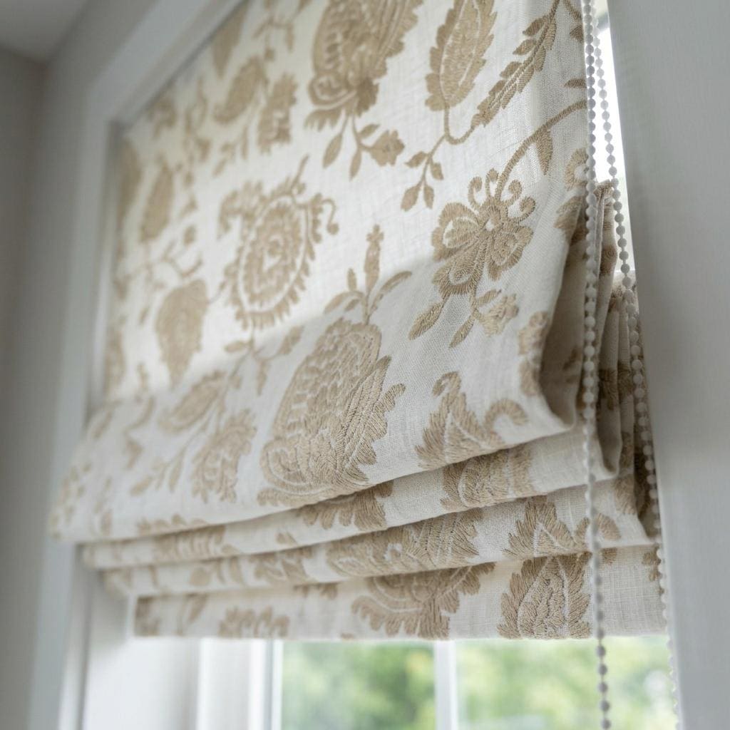 White Linen Roman Shade, Beige Floral Paisley Embroidered Corded Blind, Custom Blackout Window Shade — image 7