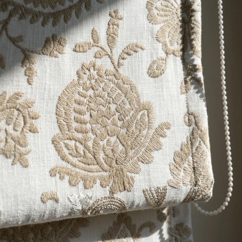 White Linen Roman Shade, Beige Floral Paisley Embroidered Corded Blind, Custom Blackout Window Shade — image 1