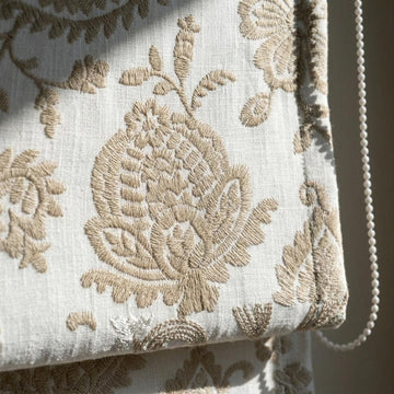 White Linen Roman Shade, Beige Floral Paisley Embroidered Corded Blind, Custom Blackout Window Shade — image 1