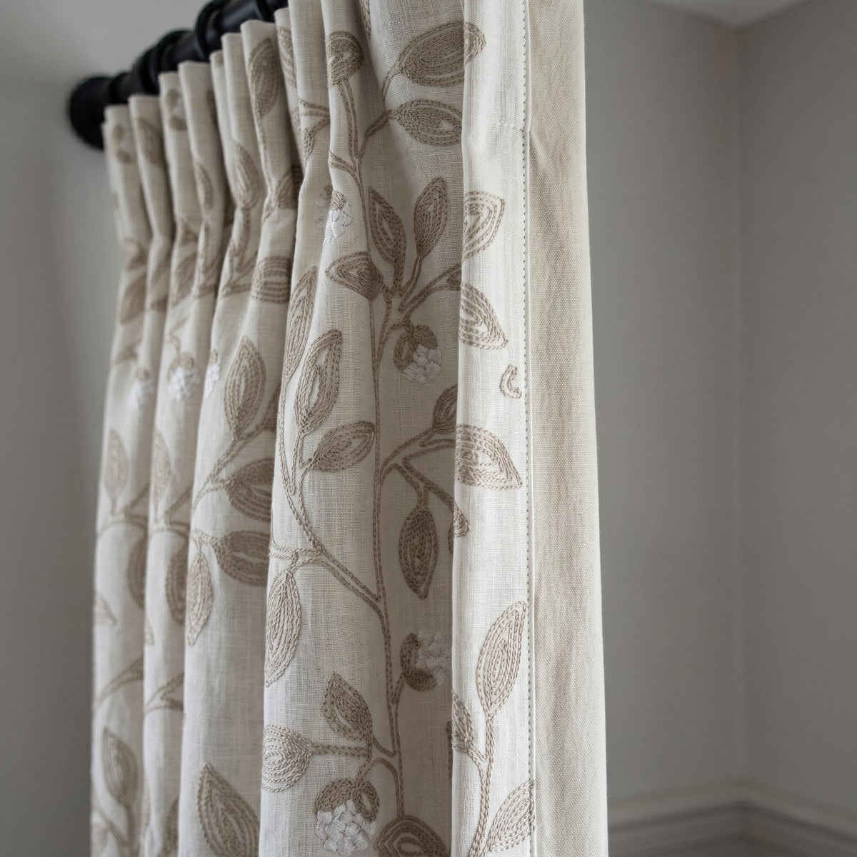 Off White Greige Linen Embroidered Curtains, Taupe Botanical Vine Drapes, Heavy Custom Blackout or Cotton Lined Panels — image 7