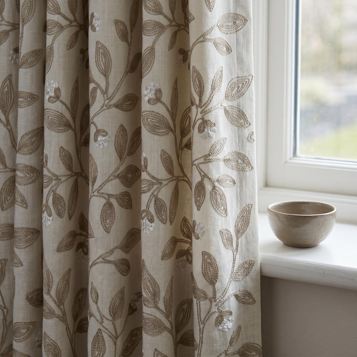 Off White Greige Linen Embroidered Curtains, Taupe Botanical Vine Drapes, Heavy Custom Blackout or Cotton Lined Panels — image 5