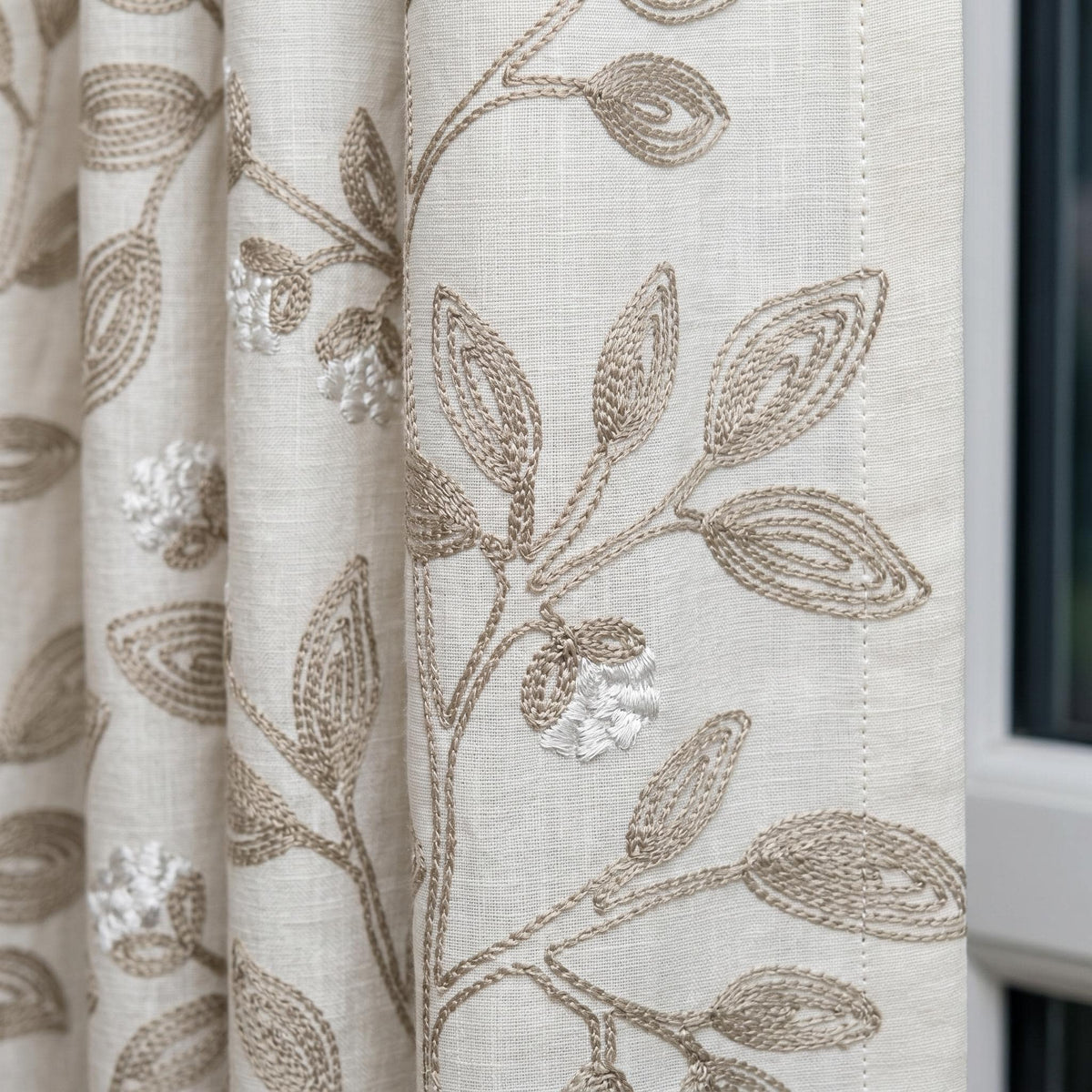 Off White Greige Linen Embroidered Curtains, Taupe Botanical Vine Drapes, Heavy Custom Blackout or Cotton Lined Panels — image 1