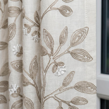 Off White Greige Linen Embroidered Curtains, Taupe Botanical Vine Drapes, Heavy Custom Blackout or Cotton Lined Panels — image 1