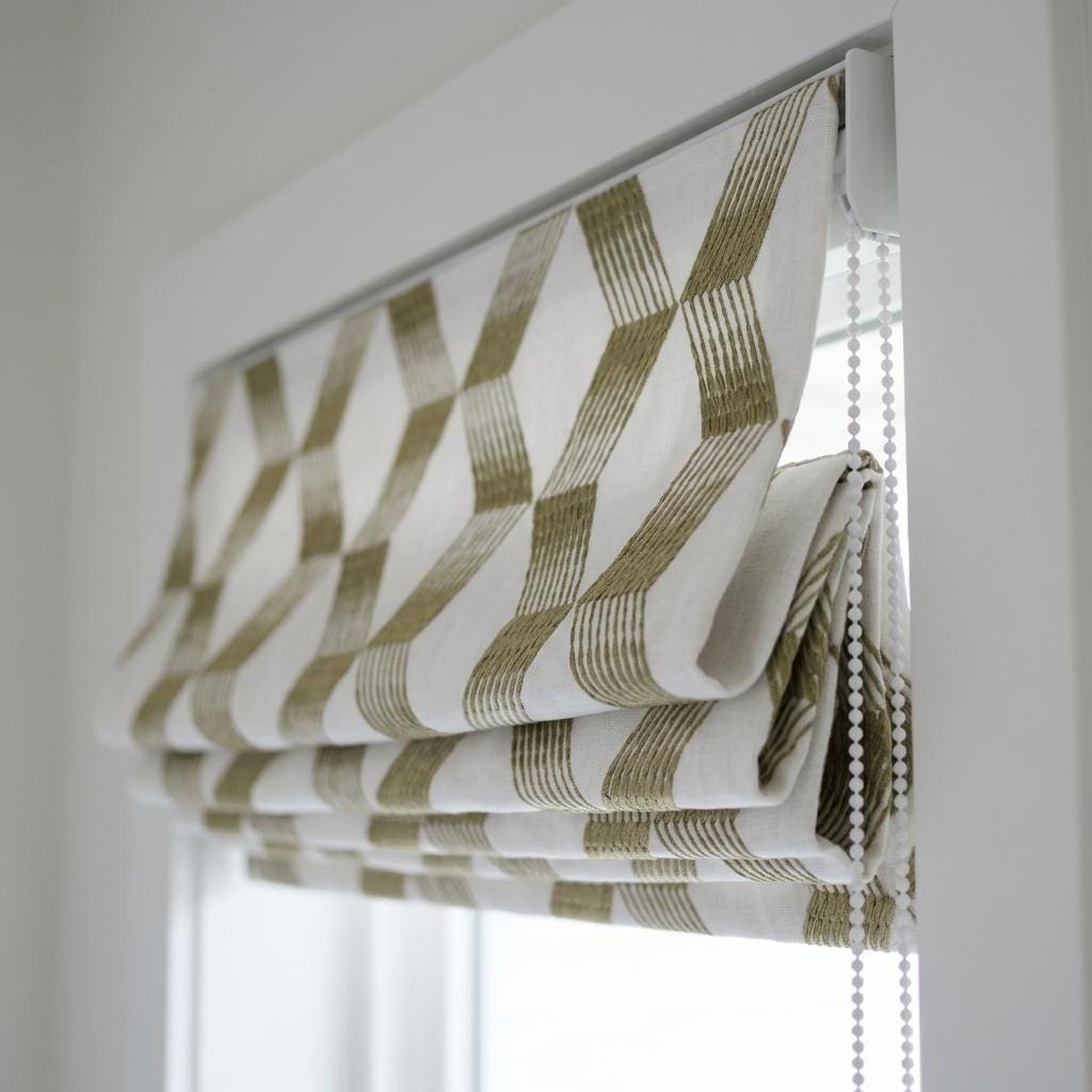 White Linen Roman Shade, Gold-Beige Geometric Embroidered Corded Blind, Custom Blackout Window Shade — image 1