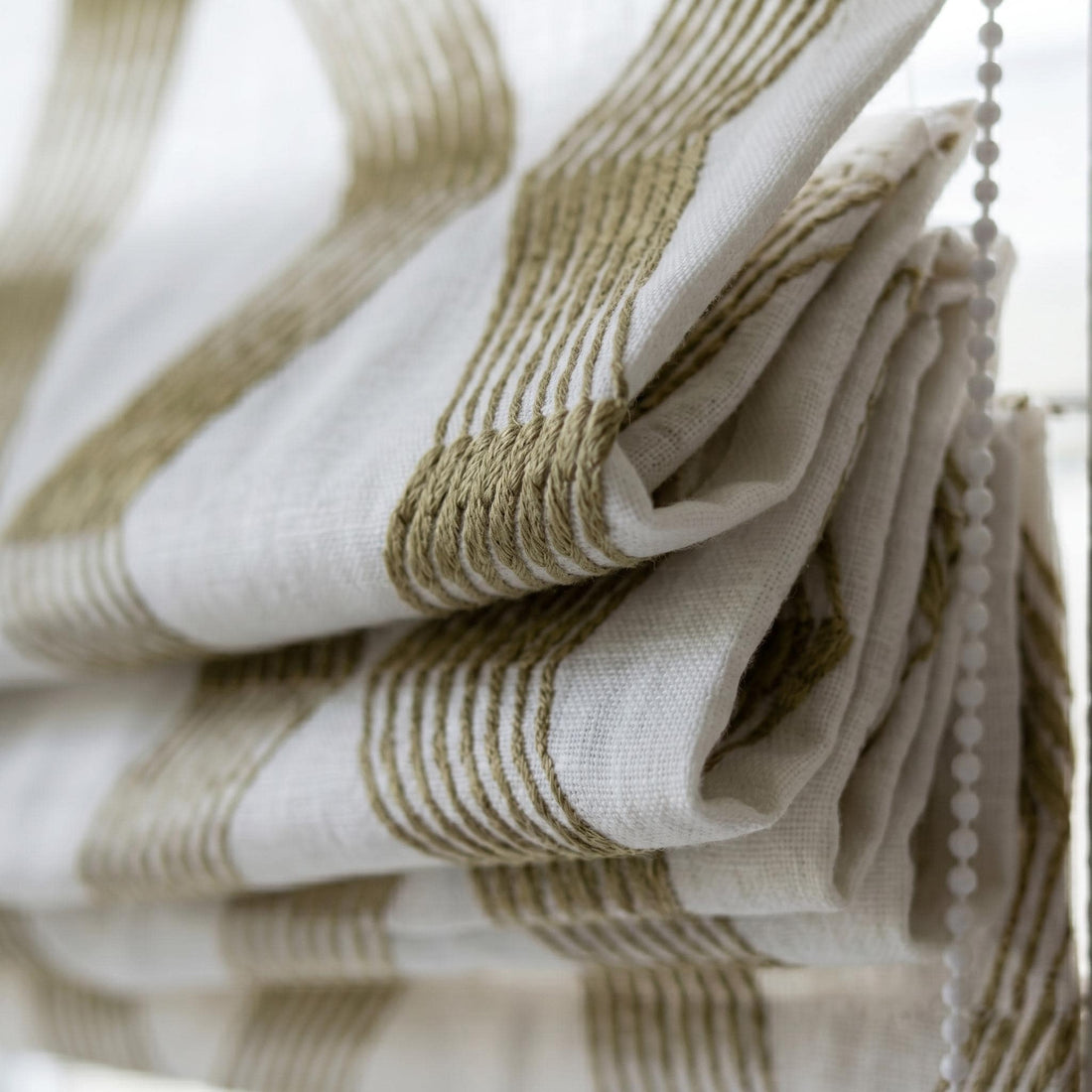 White Linen Roman Shade, Gold-Beige Geometric Embroidered Corded Blind, Custom Blackout Window Shade — image 1