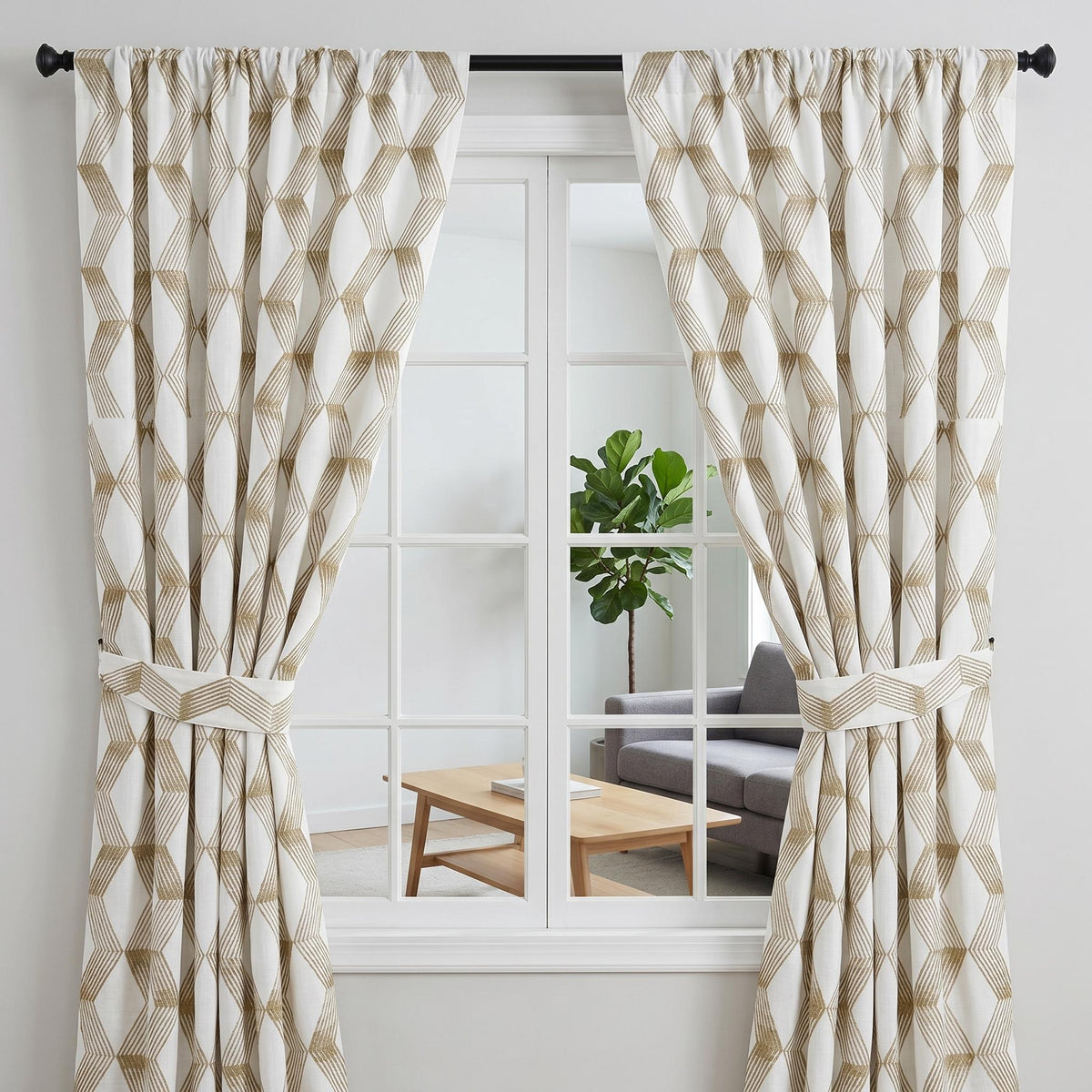 Pure White Linen Embroidered Curtains, Gold Beige Geometric Drapes, Heavy Custom Blackout Cotton Panels — image 8