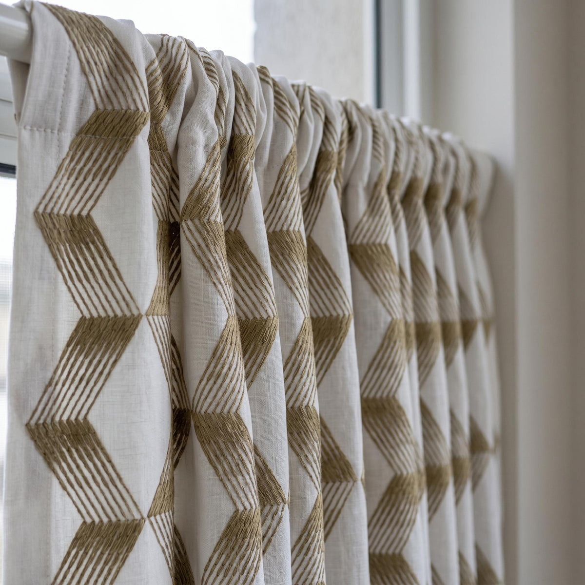 Pure White Linen Embroidered Curtains, Gold Beige Geometric Drapes, Heavy Custom Blackout Cotton Panels — image 3
