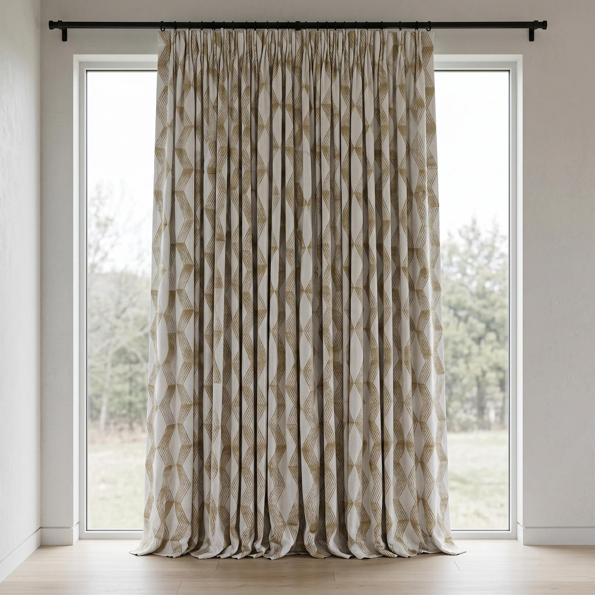 Pure White Linen Embroidered Curtains, Gold Beige Geometric Drapes, Heavy Custom Blackout Cotton Panels — image 6