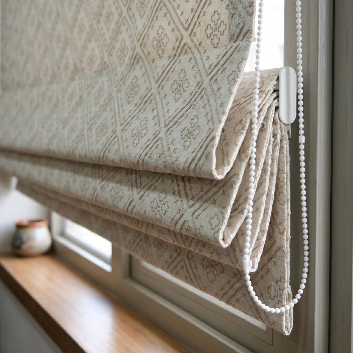 Off White Linen Roman Shade, Taupe Geometric Diamond Embroidered Corded Blind, Custom Blackout Window Shade — image 6