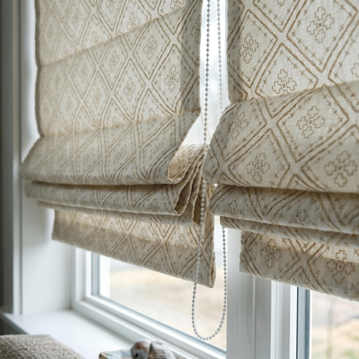 Off White Linen Roman Shade, Taupe Geometric Diamond Embroidered Corded Blind, Custom Blackout Window Shade — image 2
