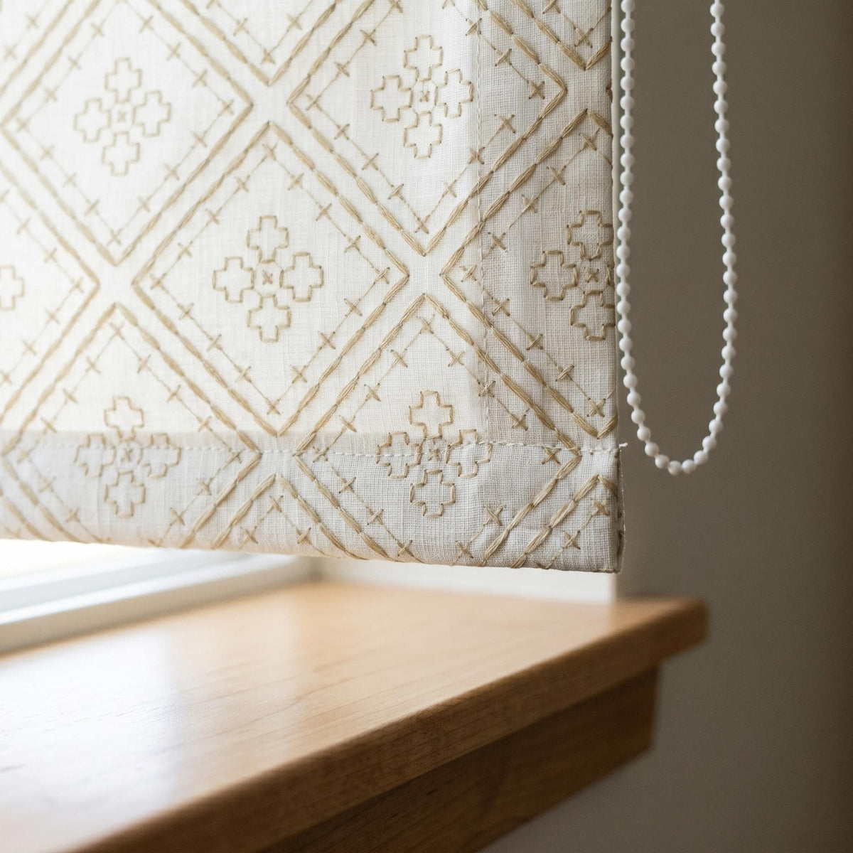 Off White Linen Roman Shade, Taupe Geometric Diamond Embroidered Corded Blind, Custom Blackout Window Shade — image 5