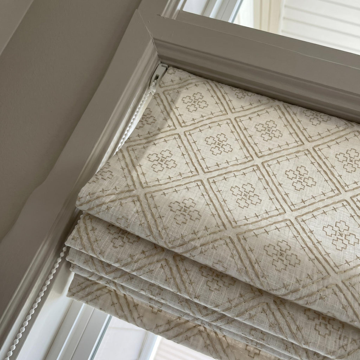 Off White Linen Roman Shade, Taupe Geometric Diamond Embroidered Corded Blind, Custom Blackout Window Shade — image 4