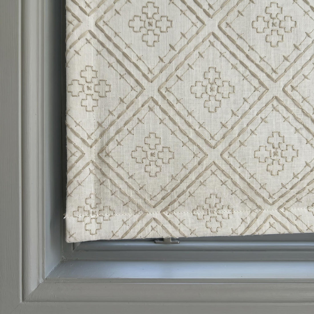 Off White Linen Roman Shade, Taupe Geometric Diamond Embroidered Corded Blind, Custom Blackout Window Shade — image 1