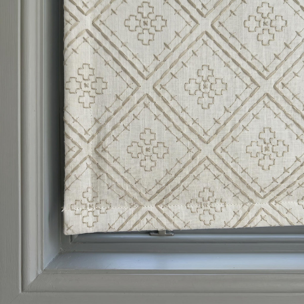 Off White Linen Roman Shade, Taupe Geometric Diamond Embroidered Corded Blind, Custom Blackout Window Shade — image 1