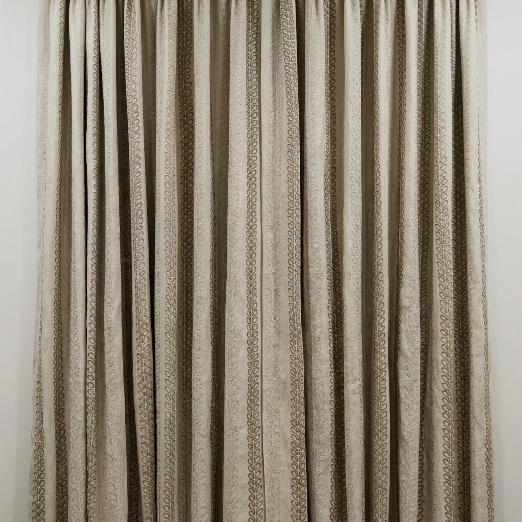 Natural Linen Taupe Embroidered Curtains, Multi Tone Leaf Stripe Drapes, Heavy Custom Blackout Cotton Panels — image 8
