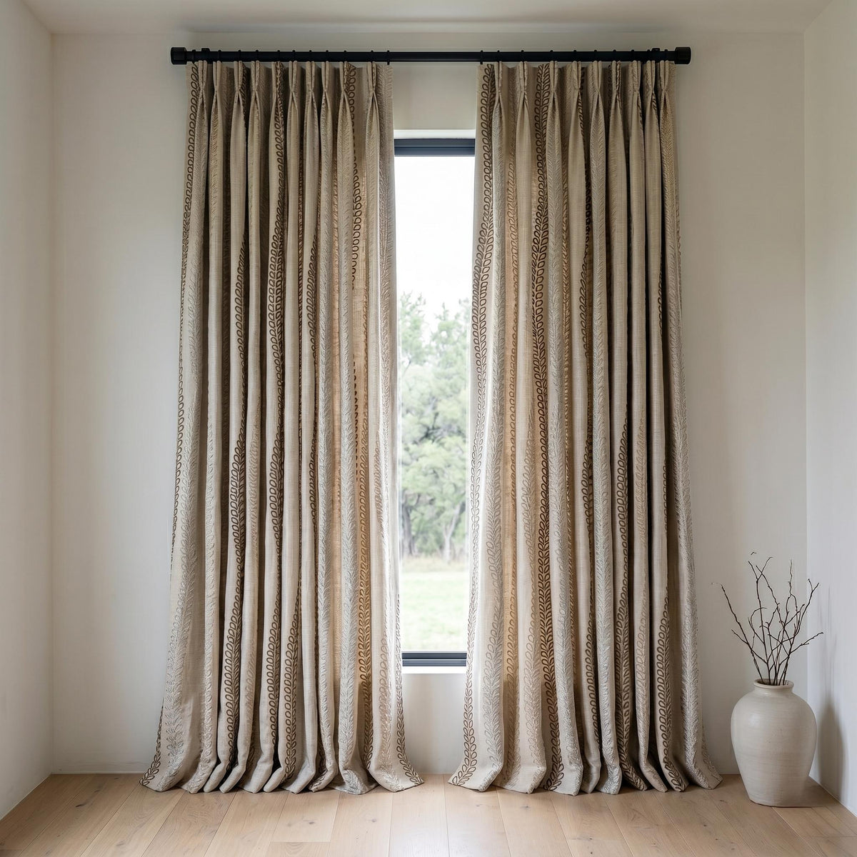 Natural Linen Taupe Embroidered Curtains, Multi Tone Leaf Stripe Drapes, Heavy Custom Blackout Cotton Panels — image 4