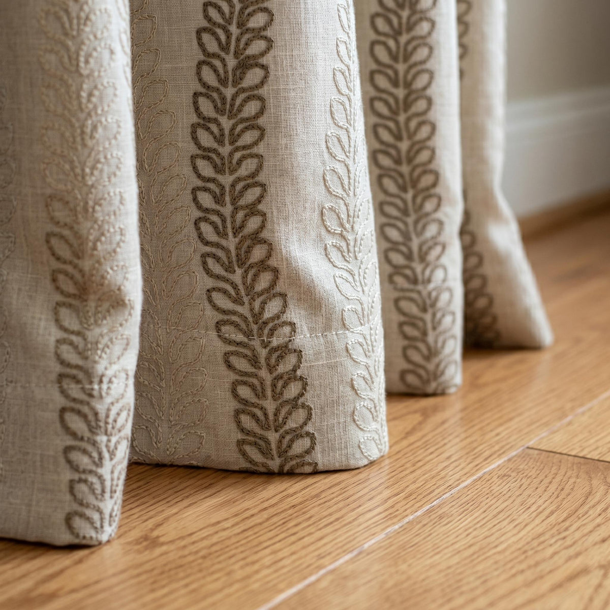 Natural Linen Taupe Embroidered Curtains, Multi Tone Leaf Stripe Drapes, Heavy Custom Blackout Cotton Panels — image 3