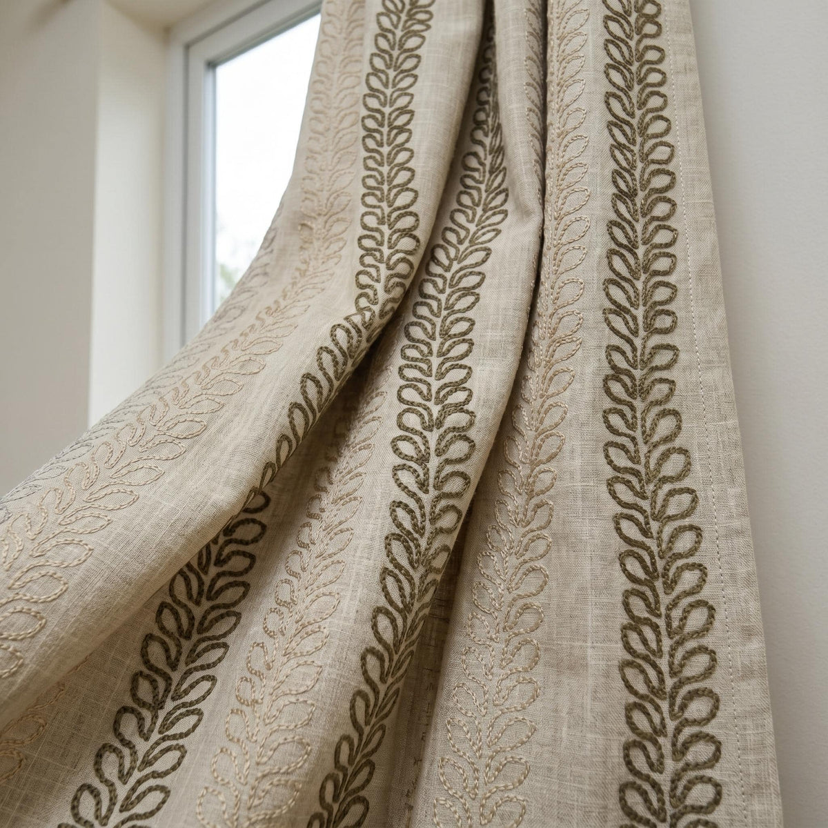 Natural Linen Taupe Embroidered Curtains, Multi Tone Leaf Stripe Drapes, Heavy Custom Blackout Cotton Panels — image 9
