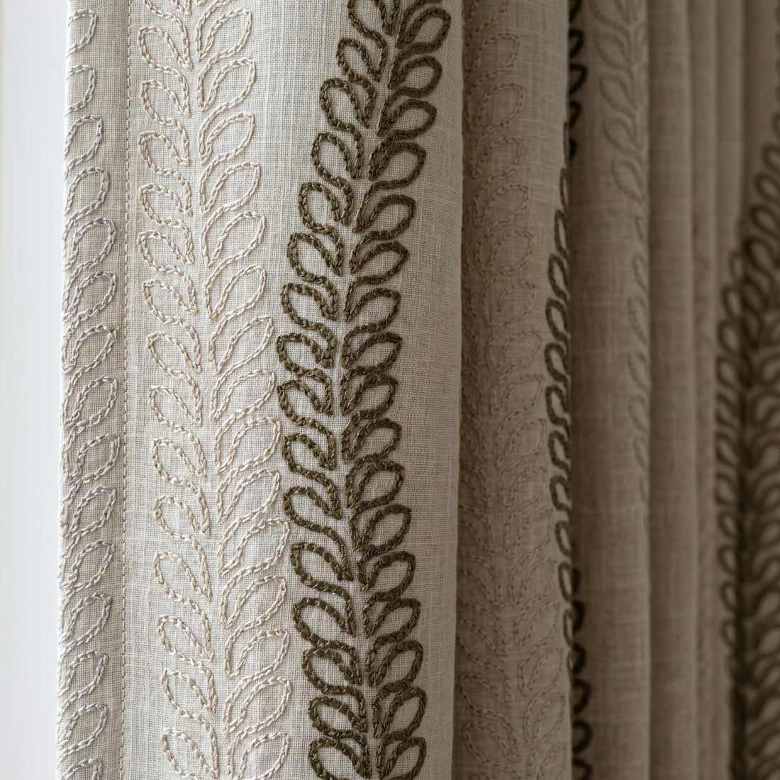 Natural Linen Taupe Embroidered Curtains, Multi Tone Leaf Stripe Drapes, Heavy Custom Blackout Cotton Panels — image 1