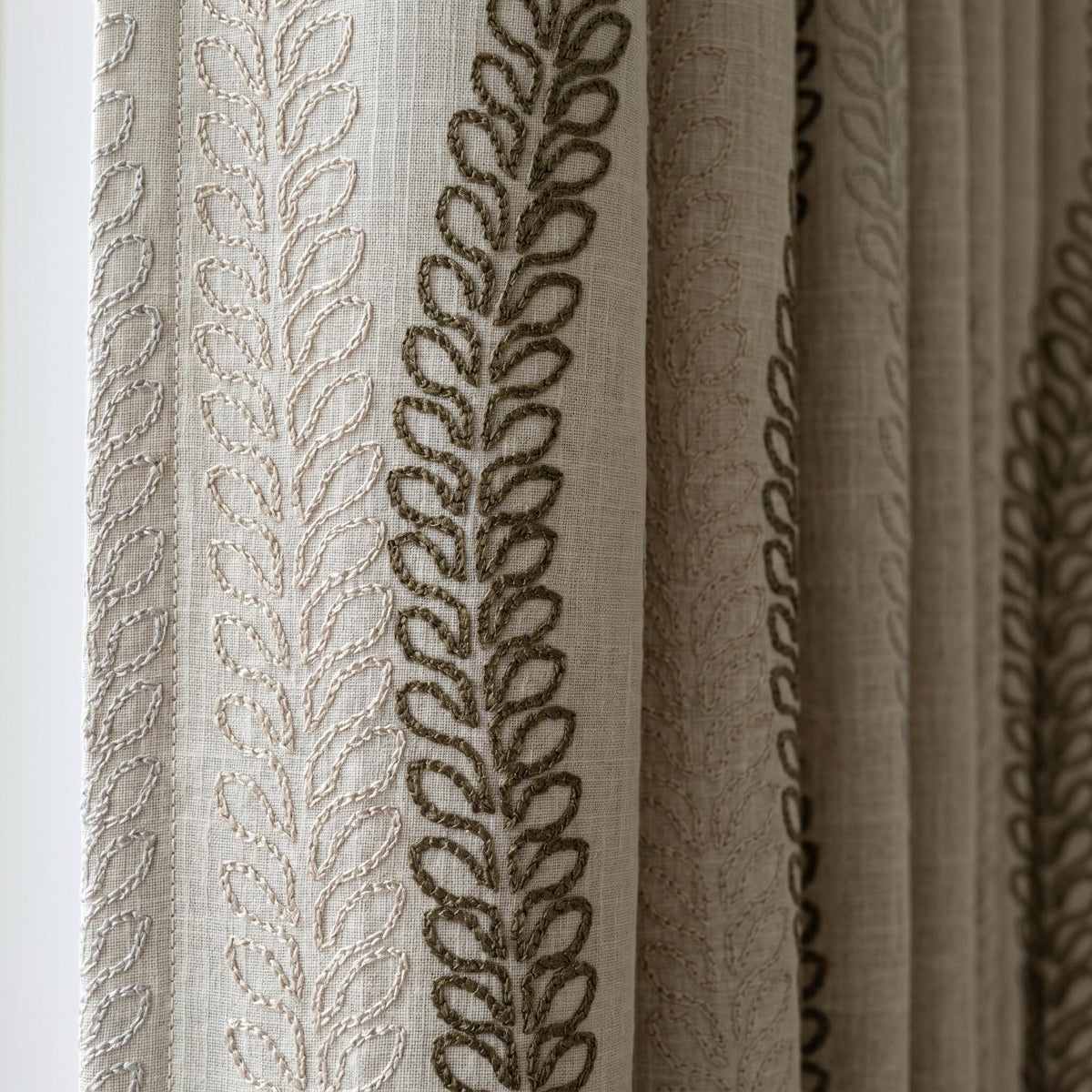 Natural Linen Taupe Embroidered Curtains, Multi Tone Leaf Stripe Drapes, Heavy Custom Blackout Cotton Panels — image 1