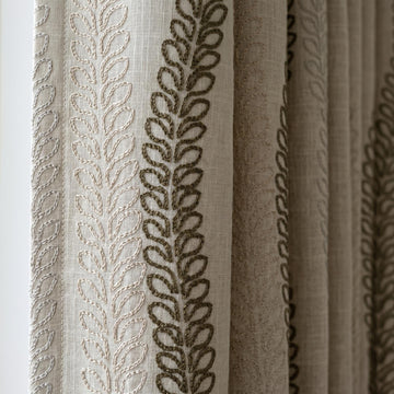 Natural Linen Taupe Embroidered Curtains, Multi Tone Leaf Stripe Drapes, Heavy Custom Blackout Cotton Panels — image 1