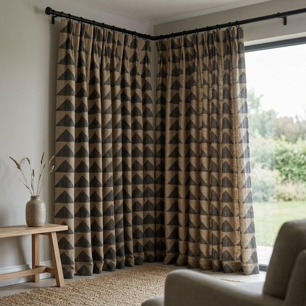 Boho Tribal Linen Curtains, Natural Beige Charcoal Pyramid Print Drapes, Heavyweight Panel — image 4