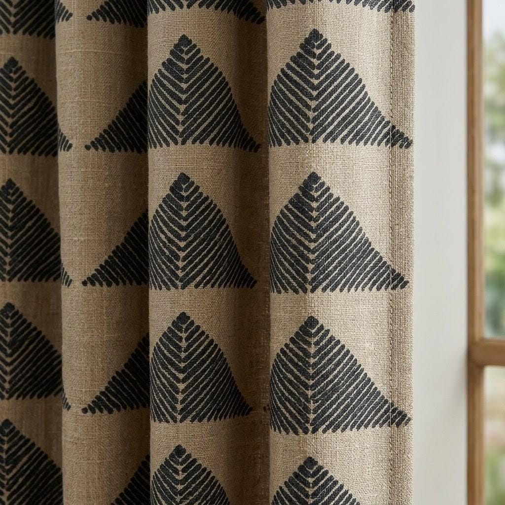 Boho Tribal Linen Curtains, Natural Beige Charcoal Pyramid Print Drapes, Heavyweight Panel — image 1