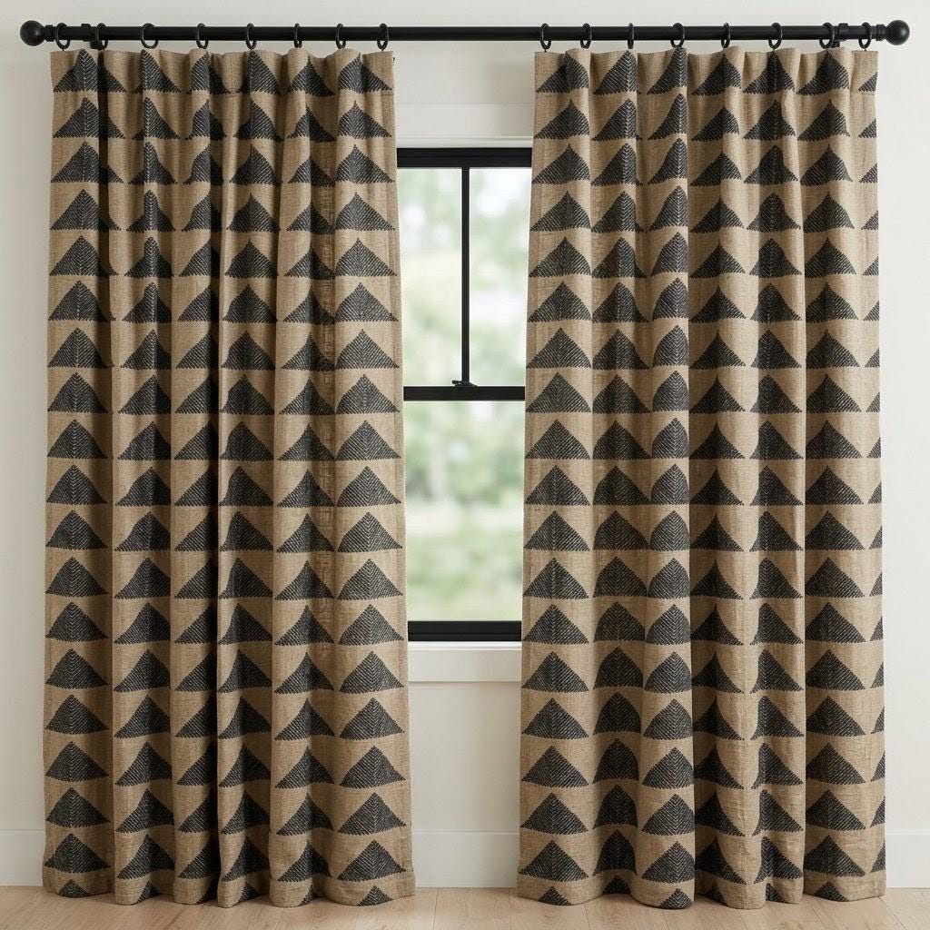 Boho Tribal Linen Curtains, Natural Beige Charcoal Pyramid Print Drapes, Heavyweight Panel — image 7
