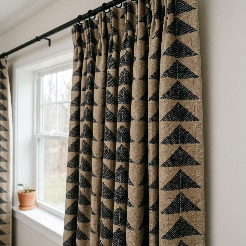 Boho Tribal Linen Curtains, Natural Beige Charcoal Pyramid Print Drapes, Heavyweight Panel — image 5