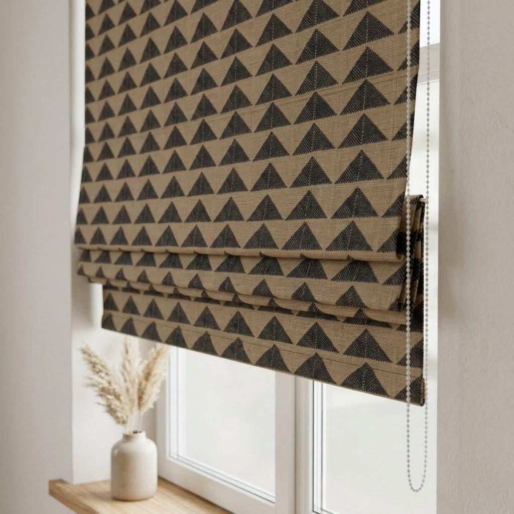 Black Beige Tribal Linen Roman Shade, Boho Geometric Corded Roman Blind, Custom Blackout Window Shade, Southwestern — image 4