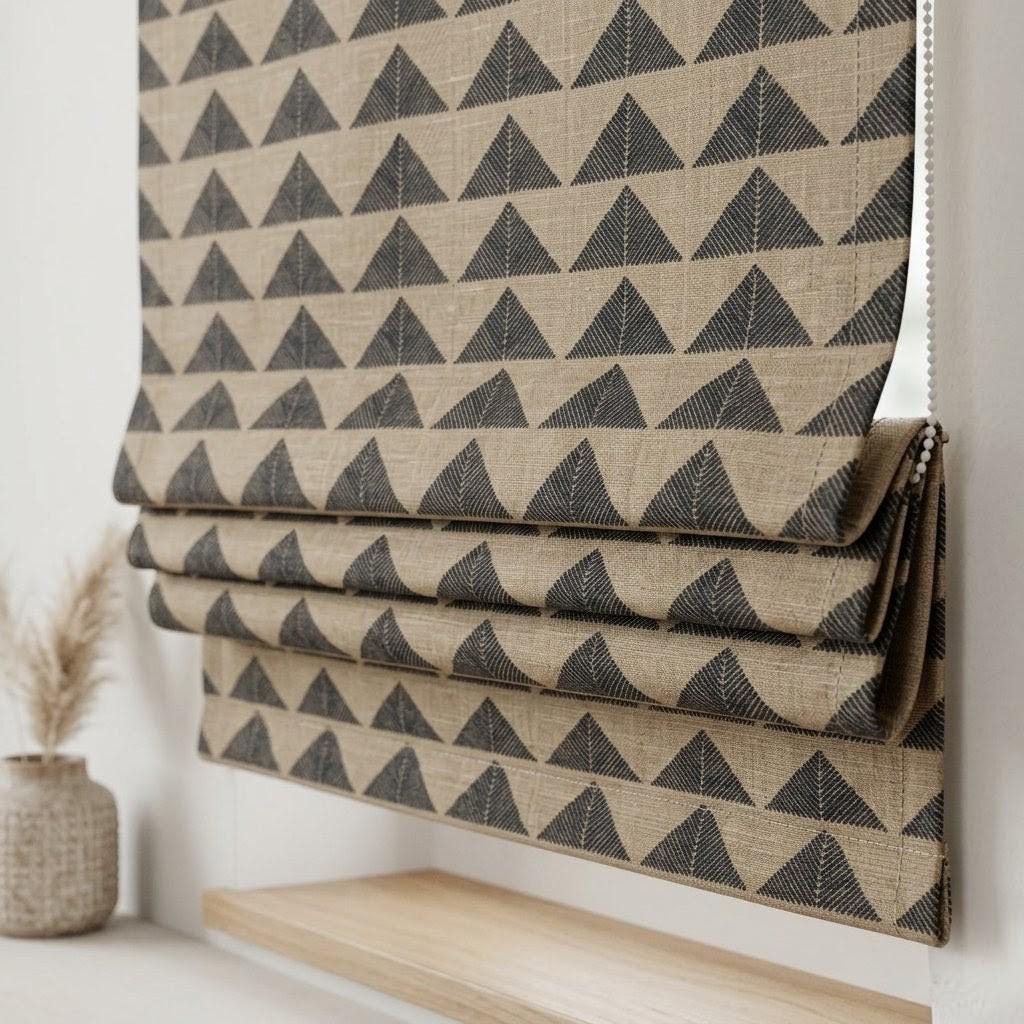 Black Beige Tribal Linen Roman Shade, Boho Geometric Corded Roman Blind, Custom Blackout Window Shade, Southwestern — image 2