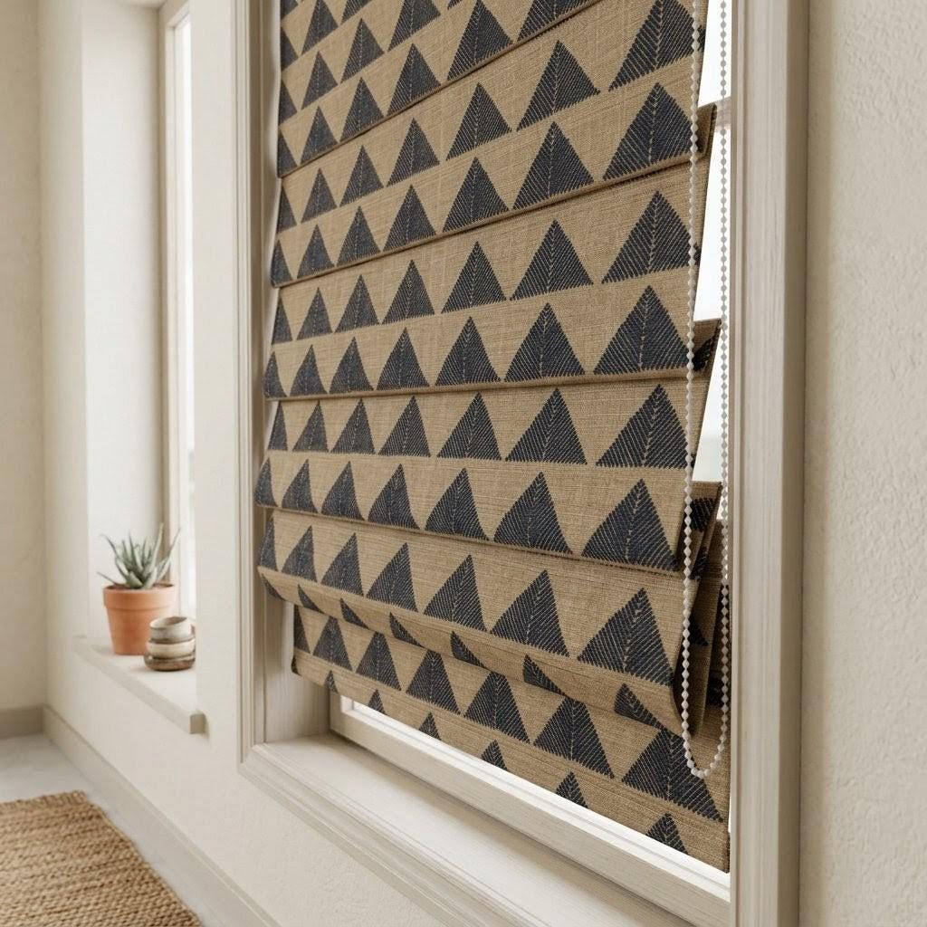 Black Beige Tribal Linen Roman Shade, Boho Geometric Corded Roman Blind, Custom Blackout Window Shade, Southwestern — image 8