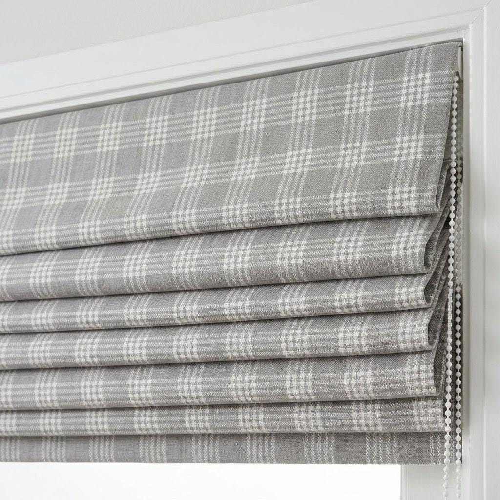 Grey Plaid Linen Roman Shade, Farmhouse Style, Custom Corded Blind — image 1