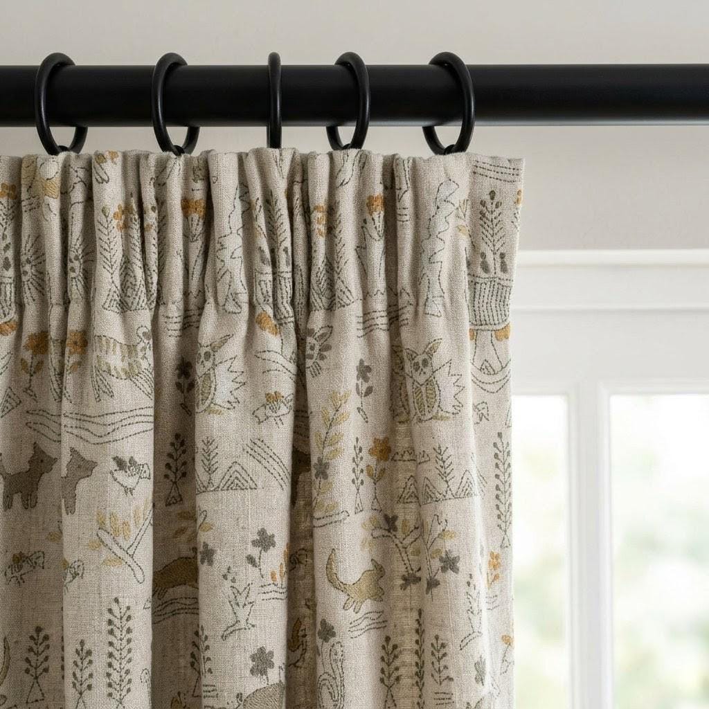 Woodland Animal Linen Curtains, Heavy Oatmeal Nursery Drapes, Mustard Folk Print, Cotton Lined or Blackout — image 6
