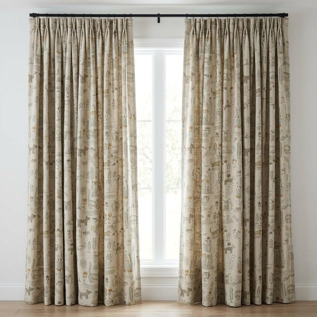 Woodland Animal Linen Curtains, Heavy Oatmeal Nursery Drapes, Mustard Folk Print, Cotton Lined or Blackout — image 7