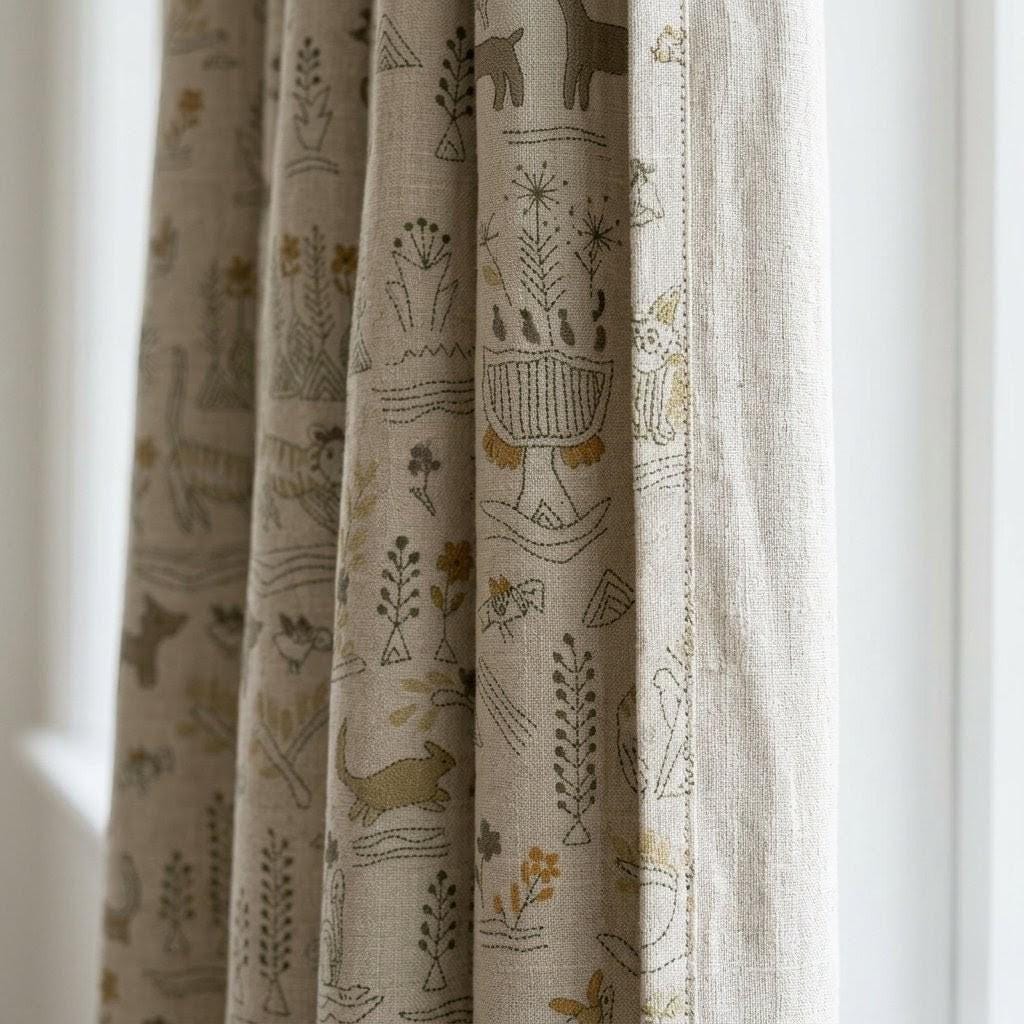 Woodland Animal Linen Curtains, Heavy Oatmeal Nursery Drapes, Mustard Folk Print, Cotton Lined or Blackout — image 8
