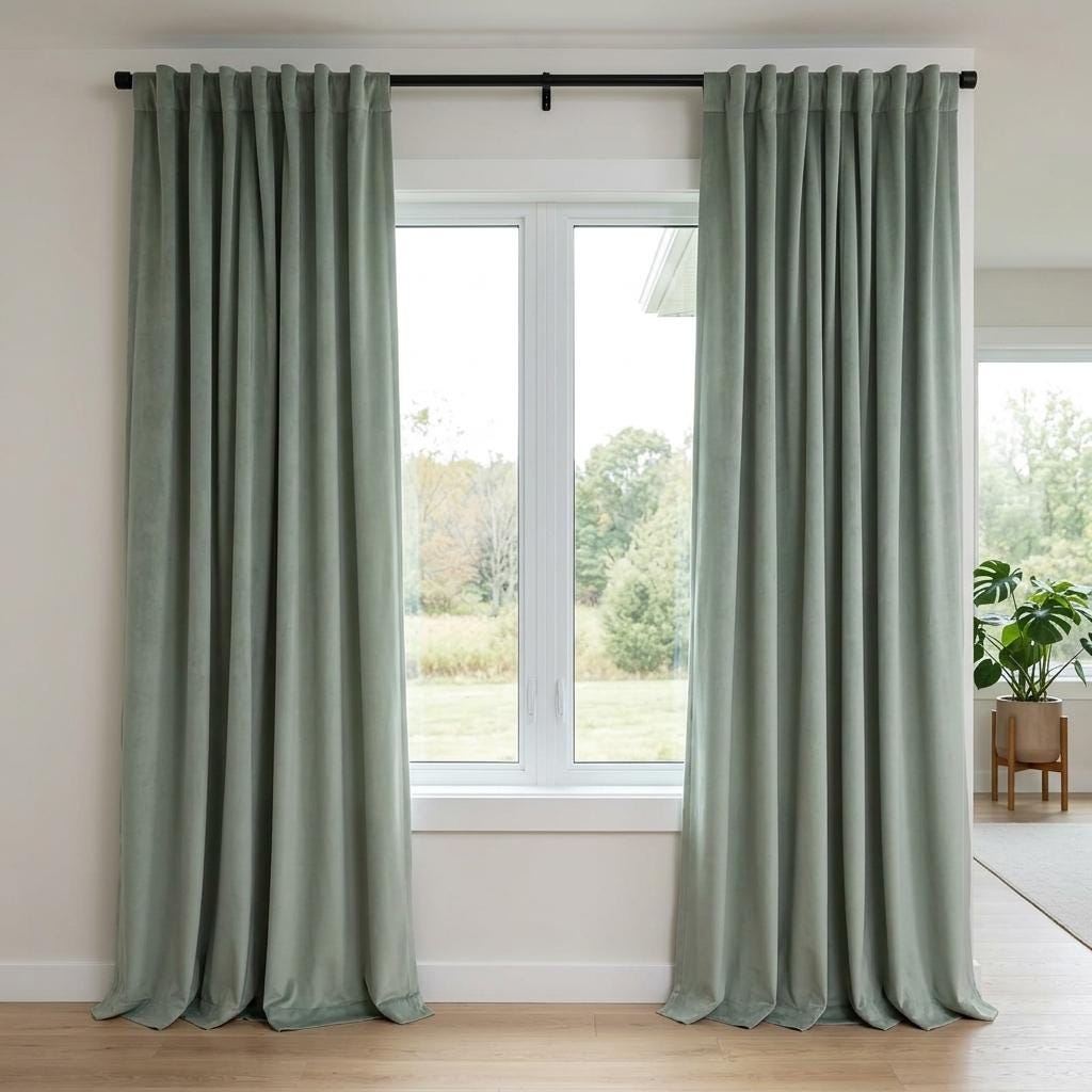 Pale Sage Velvet Curtains, Heavy Blackout Drapes, Soft Green Gray Custom Window Panels, Rod Pocket Back Tab Grommet — image 6