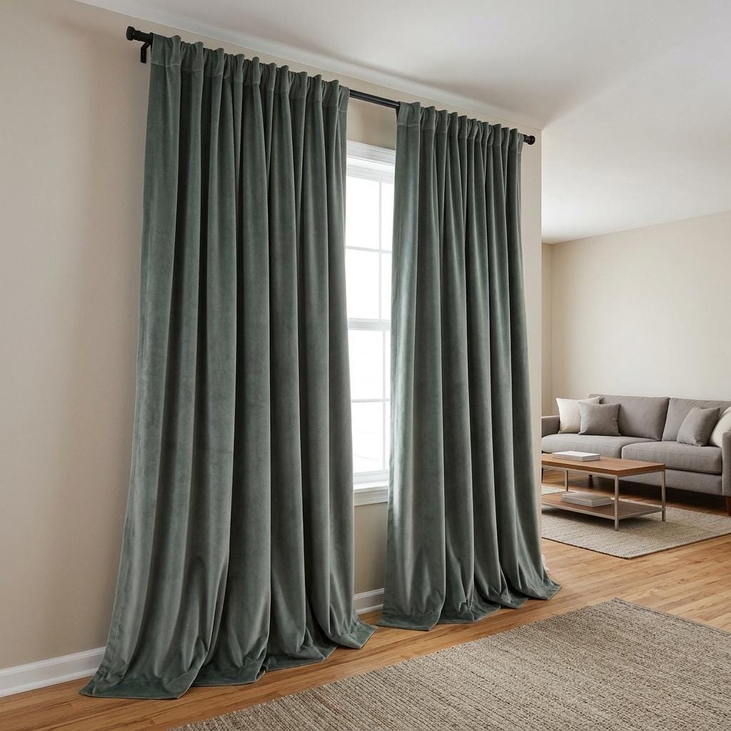 Dusty Teal Velvet Curtains, Heavy Blackout Drapes, Blue Green Custom Window Panels, Rod Pocket Back Tab Grommet — image 6