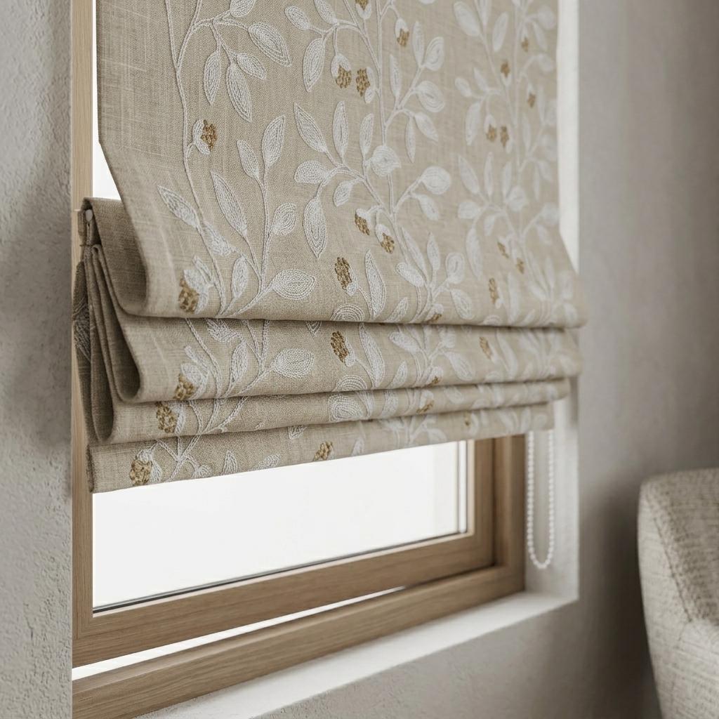 Natural Linen Roman Shade, White Botanical Embroidered Corded Blind, Custom Blackout Window Shade — image 3