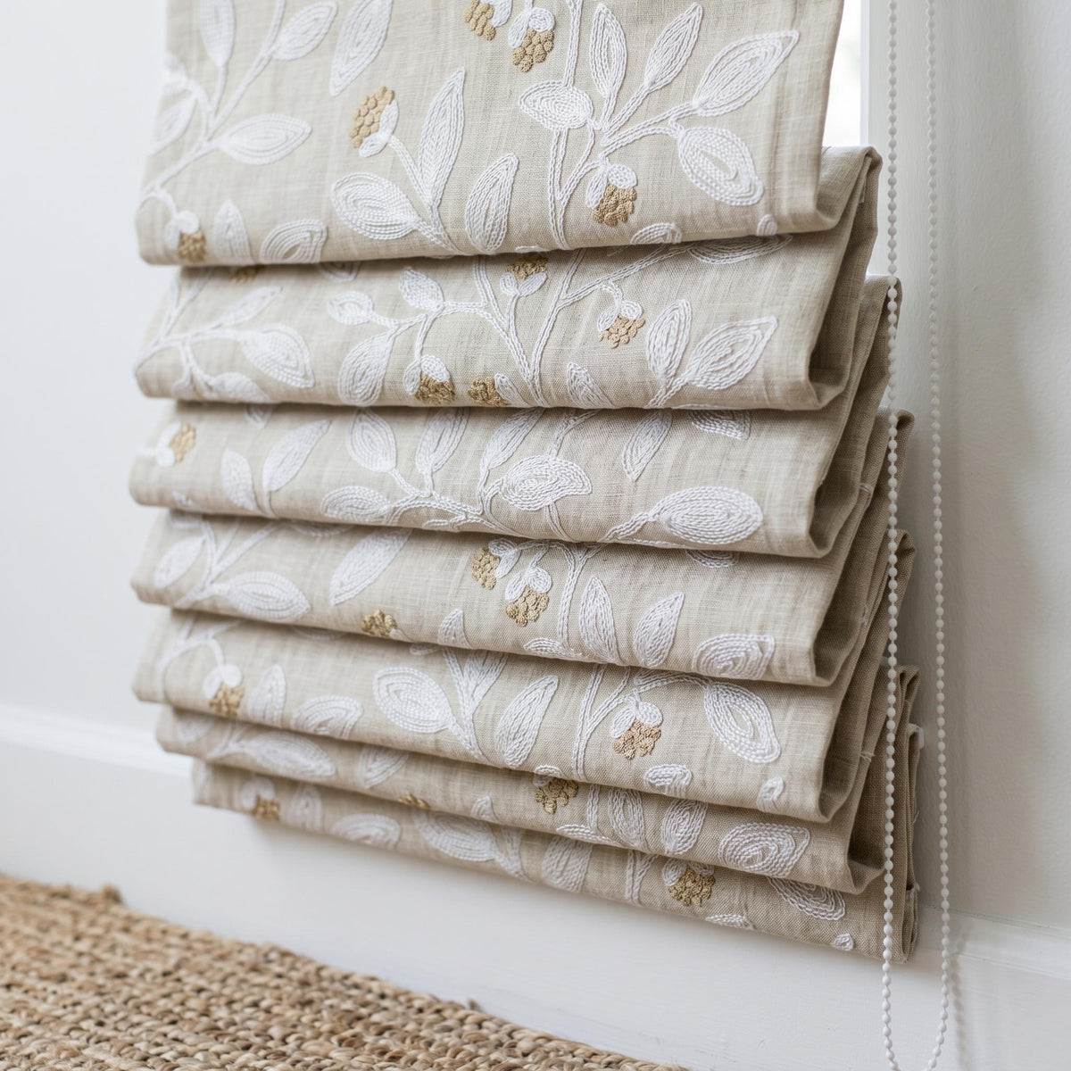 Natural Linen Roman Shade, White Botanical Embroidered Corded Blind, Custom Blackout Window Shade — image 4