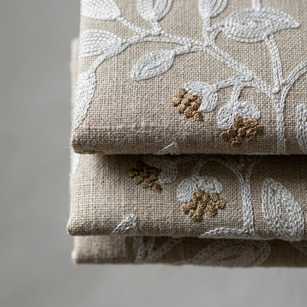 Natural Linen Roman Shade, White Botanical Embroidered Corded Blind, Custom Blackout Window Shade — image 1