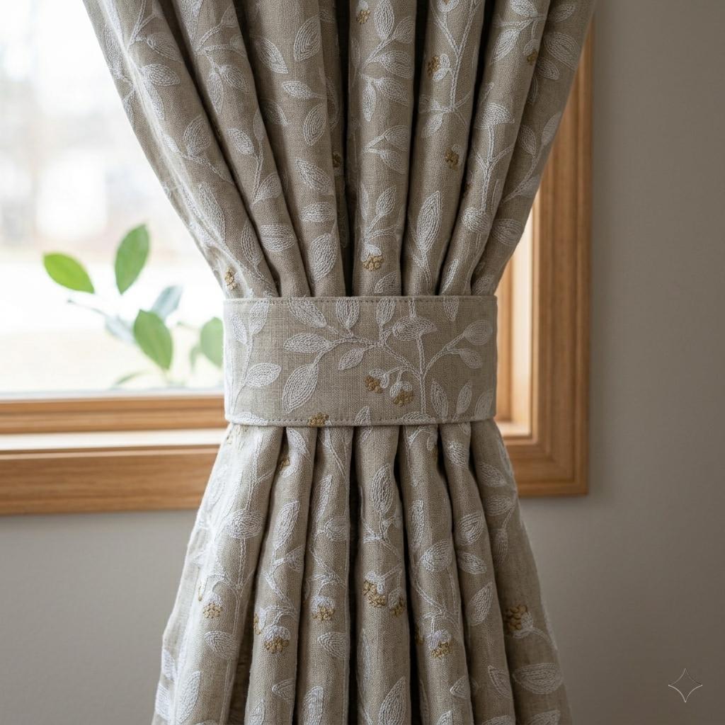 Natural Linen Taupe Embroidered Curtains, White Leaf Vine Drapes, Gold Beige Floral, Custom Blackout Cotton Panels — image 2