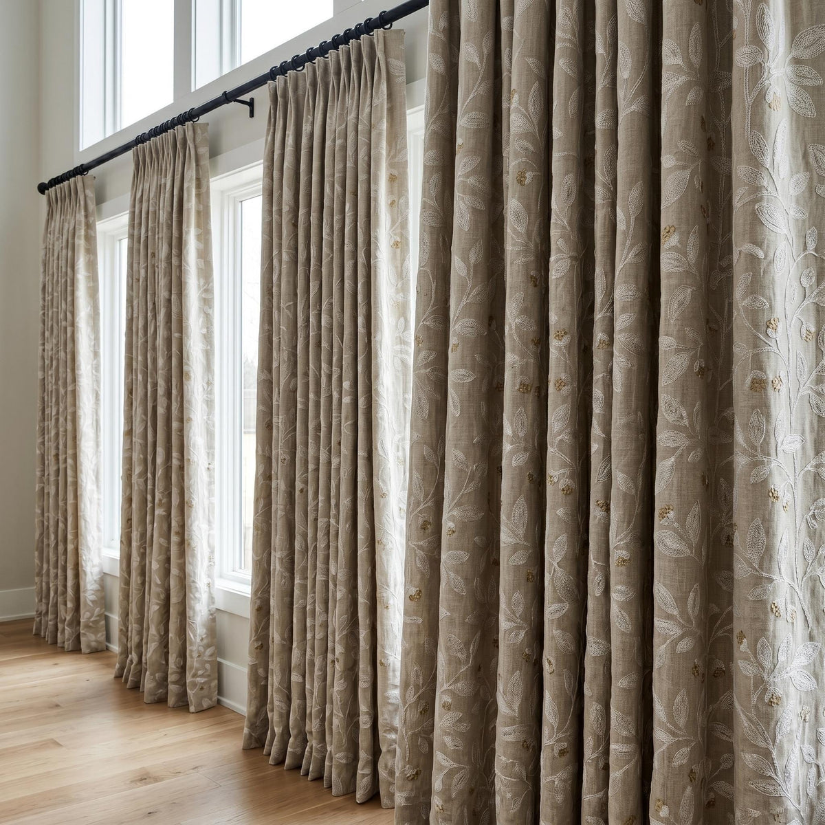 Natural Linen Taupe Embroidered Curtains, White Leaf Vine Drapes, Gold Beige Floral, Custom Blackout Cotton Panels — image 3