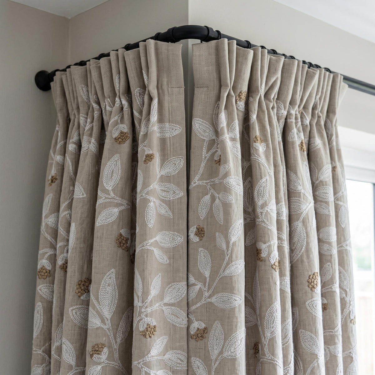 Natural Linen Taupe Embroidered Curtains, White Leaf Vine Drapes, Gold Beige Floral, Custom Blackout Cotton Panels — image 6