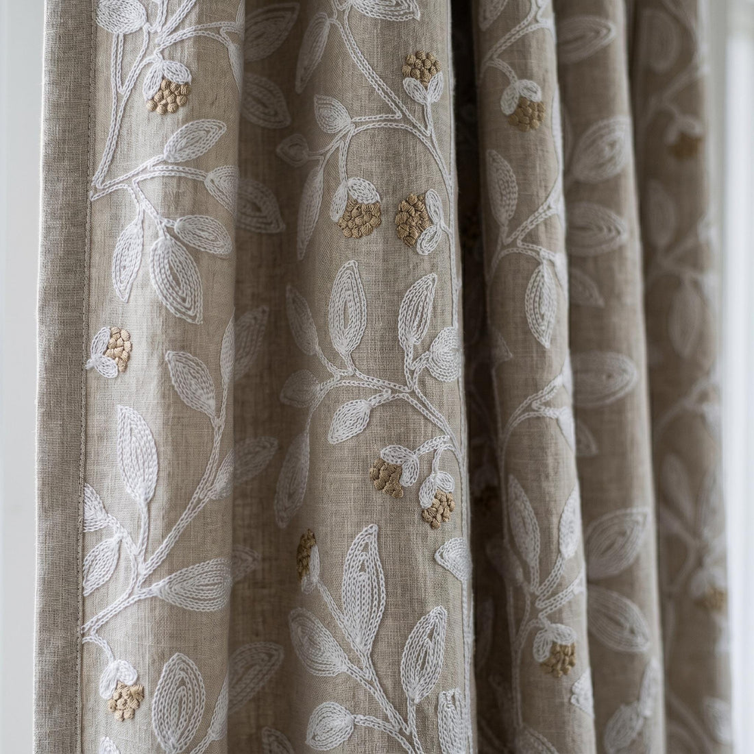 Natural Linen Taupe Embroidered Curtains, White Leaf Vine Drapes, Gold Beige Floral, Custom Blackout Cotton Panels — image 1