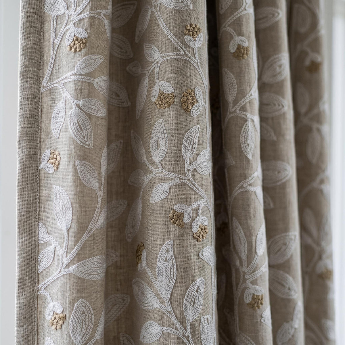Natural Linen Taupe Embroidered Curtains, White Leaf Vine Drapes, Gold Beige Floral, Custom Blackout Cotton Panels — image 1